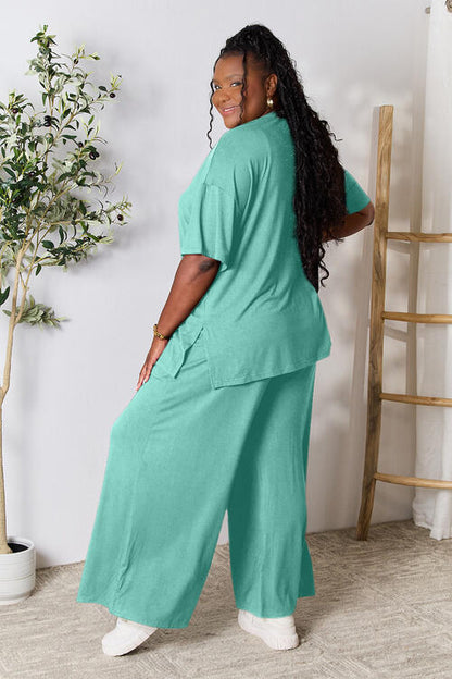 DOUBLE TAKE Full Size Round Neck Slit Top and Wide-leg Pants Lounge Set