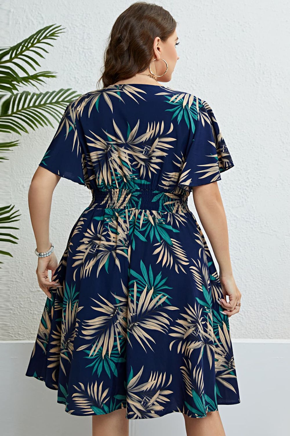 Plus-size Botanical Print Flutter Sleeve Smocked Waist Dress