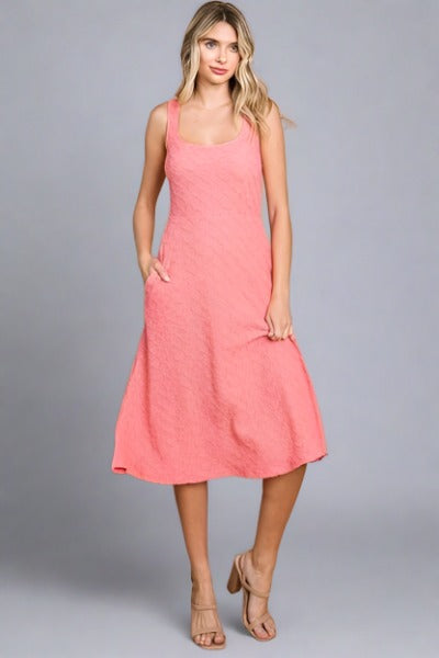 CULTURE CODE Texture Happy-Pink Square Neck Tank Dress with Pockets