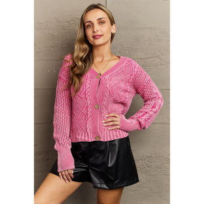 HEYSON Soft Focus Full Size Wash Cable Knit Cardigan in Fuchsia