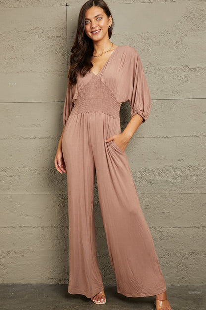 CULTURE CODE Mocha Full Size Smocking Waist Jumpsuit