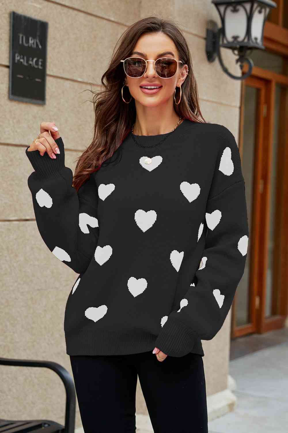 WOVEN RIGHT Heart Pattern Lantern Sleeve Round Neck Tunic Sweater