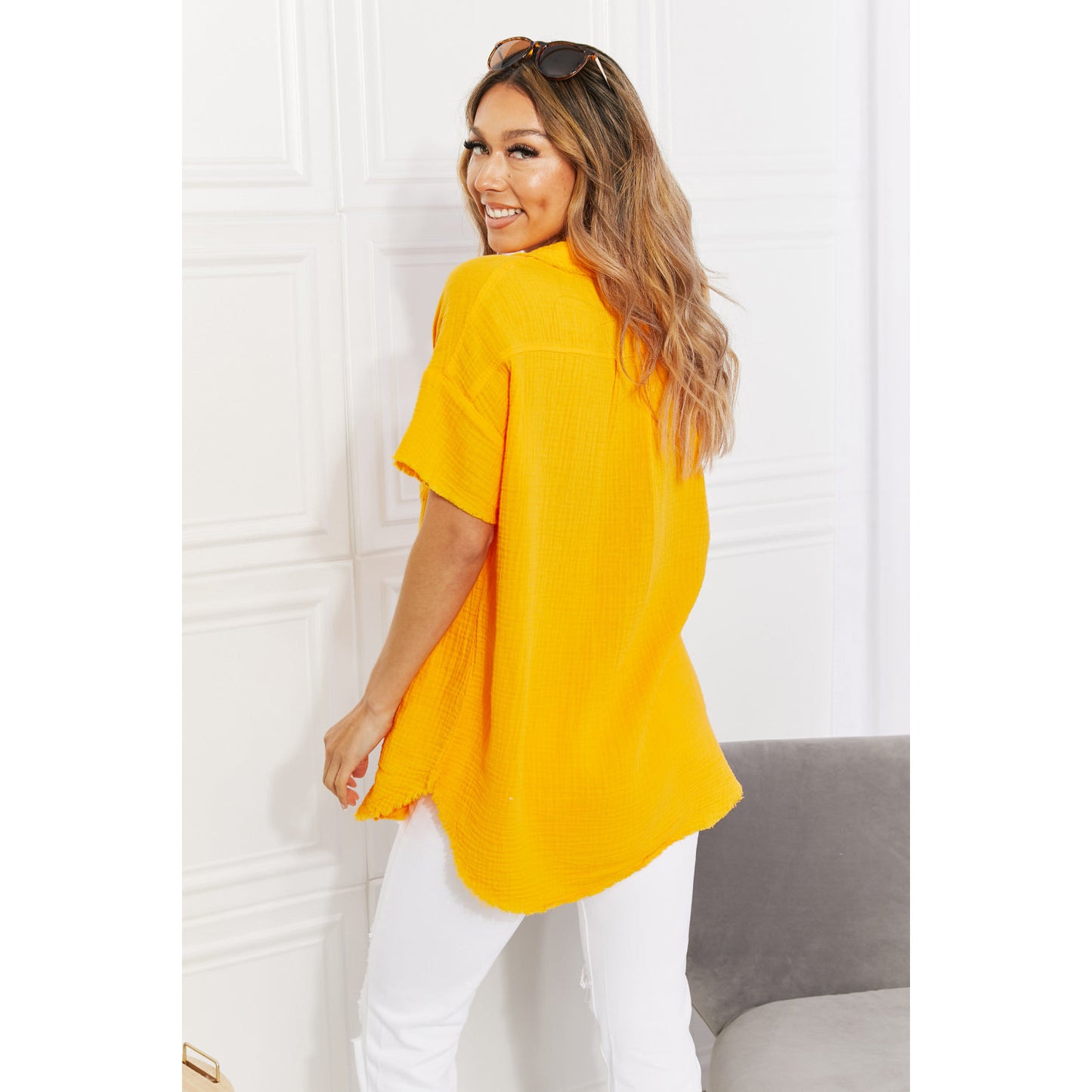 ZENANA Full Size Summer Breeze Gauze Short Sleeve Shirt in Mustard