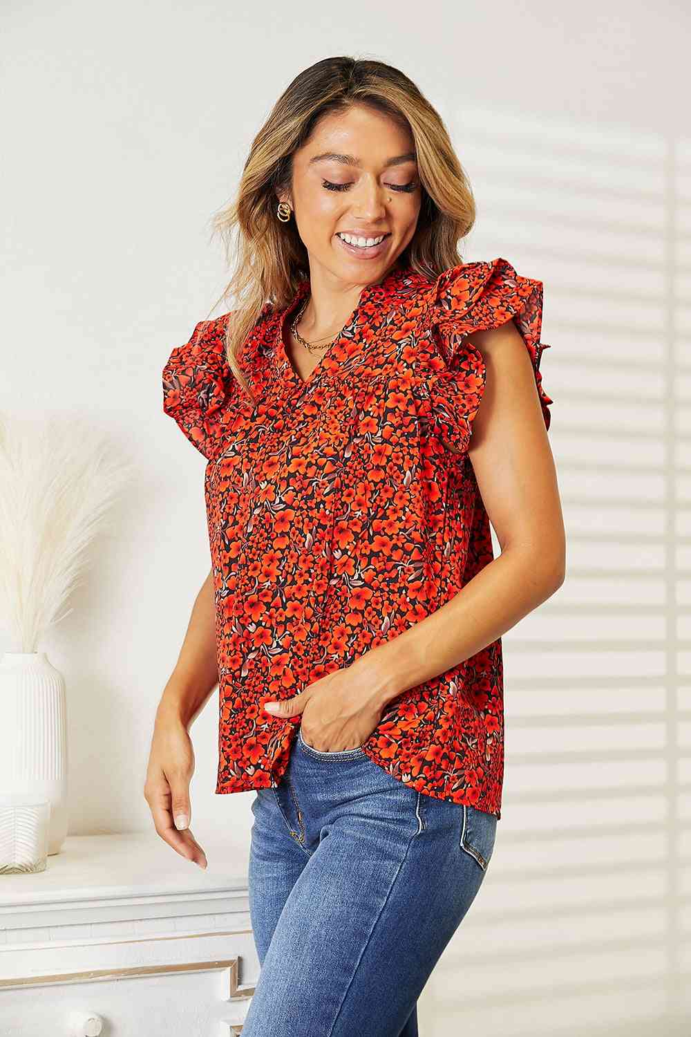 DOUBLE TAKE Floral Flutter Sleeve Notched Neck Blouse