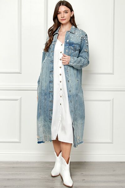 VEVERET Full Size Distressed Raw Hem Pearl Detail Button Up Jacket