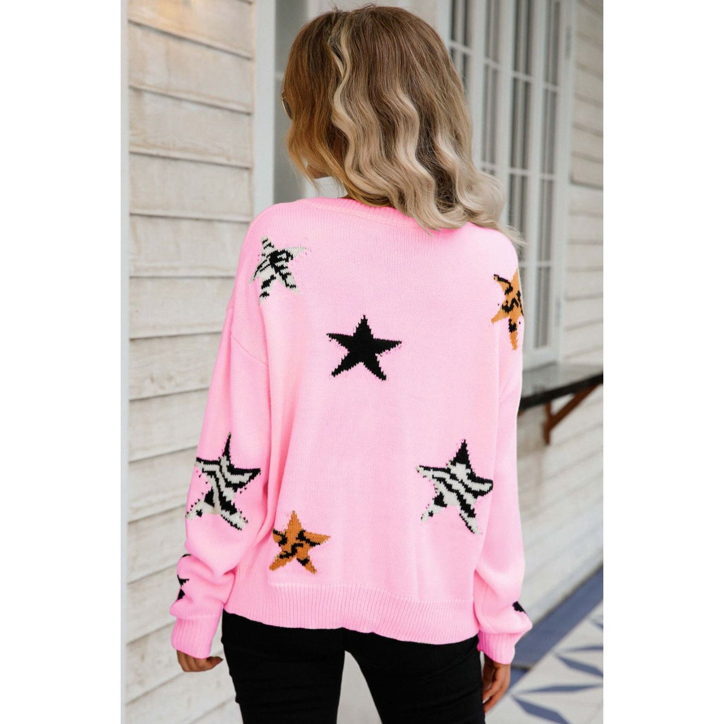 Star Pattern Round Neck Dropped Shoulder Sweater