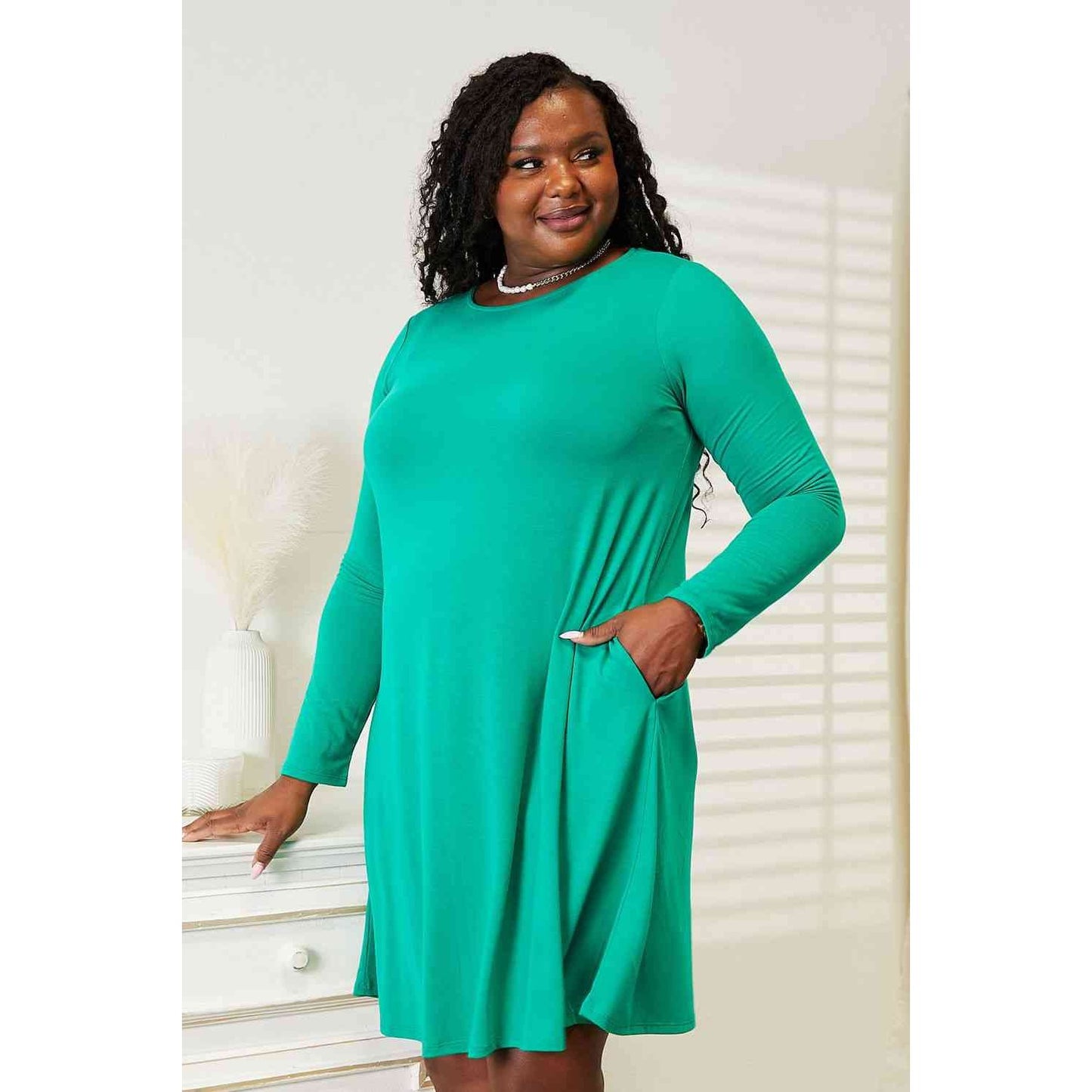 ZENANA Full Size Long Sleeve Flare Dress with Pockets