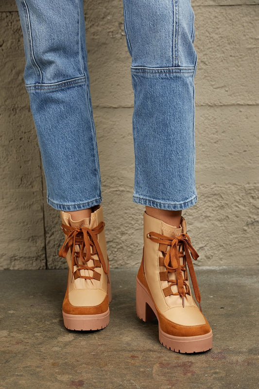 EAST LION CORP Tan Lace-Up Lug Ankle Booties