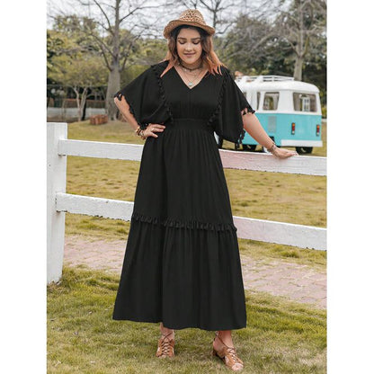 Plus Size Tassel Trim V-Neck Short Sleeve Ruffle Hem Dress