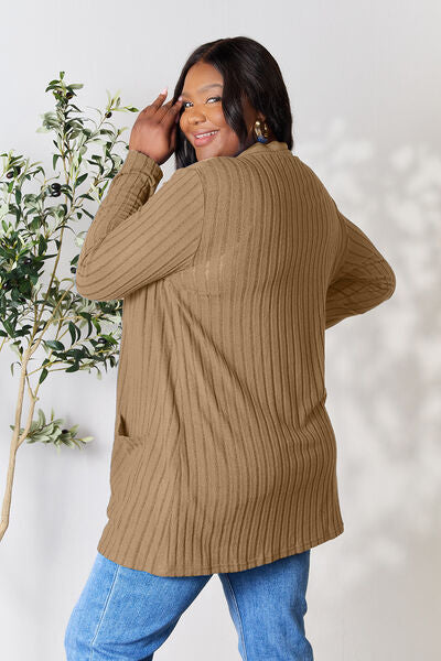 BASIC BAE Full Size Ribbed Open Front Cardigan with Pockets