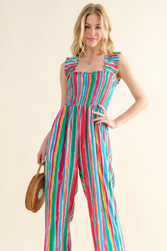 AND THE WHY Full Size Striped Smocked Sleeveless Jumpsuit/ S-3XL