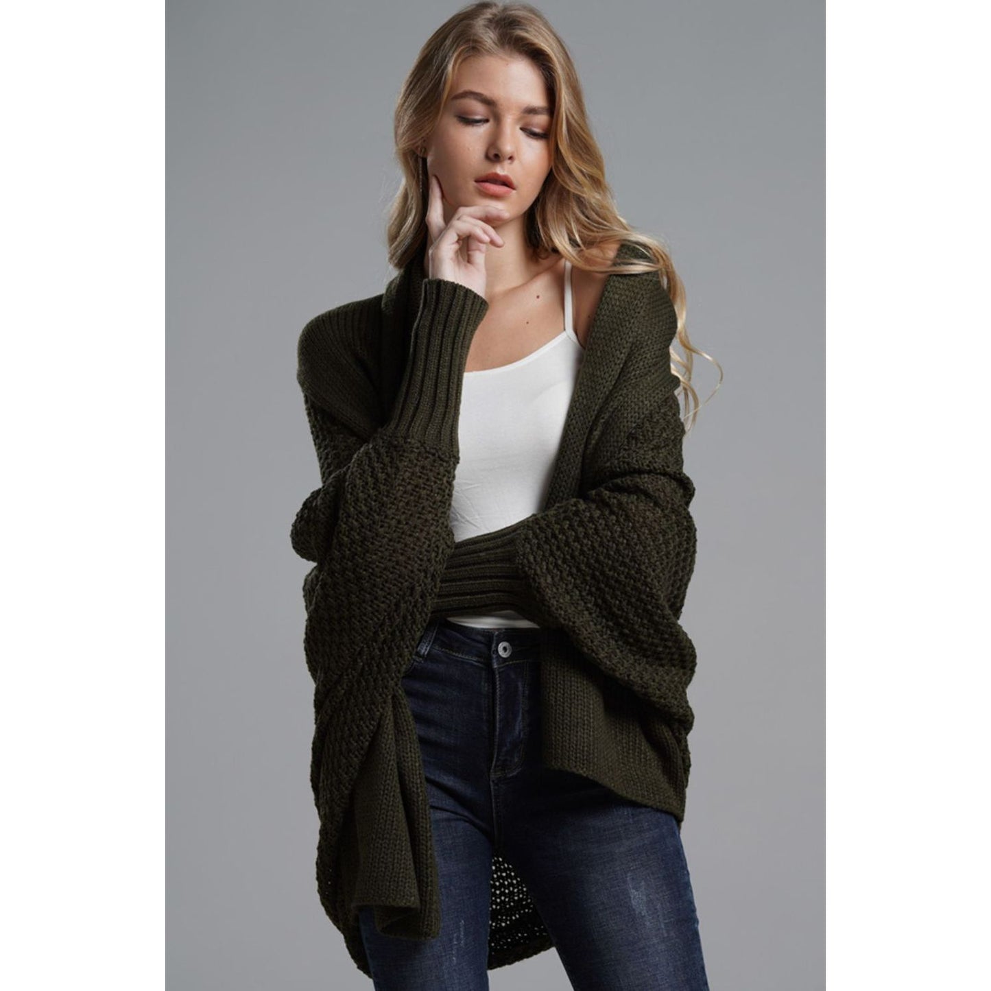 DOUBLE TAKE  Dolman Sleeve Open Front Ribbed Trim Longline Cardigan