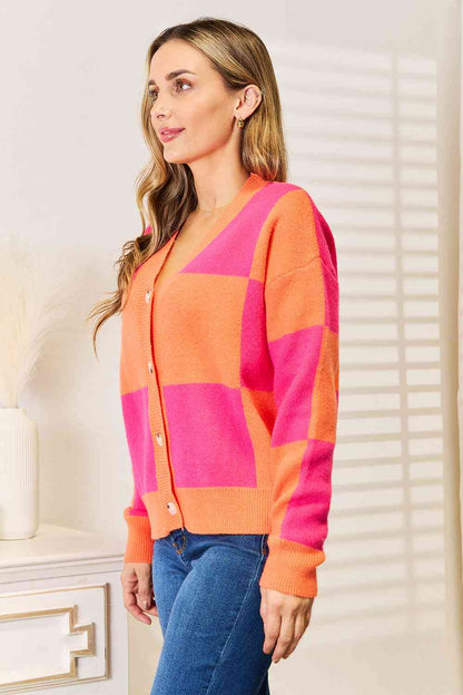 WOVEN RIGHT  Checkered V-Neck Dropped Shoulder Cardigan