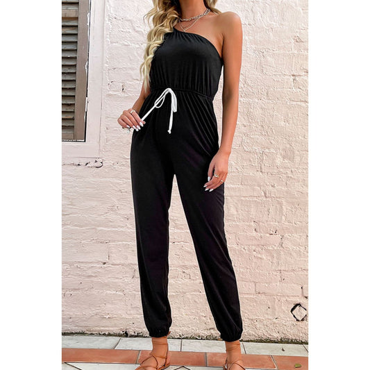 One-Shoulder Drawstring Waist Jogger Jumpsuit