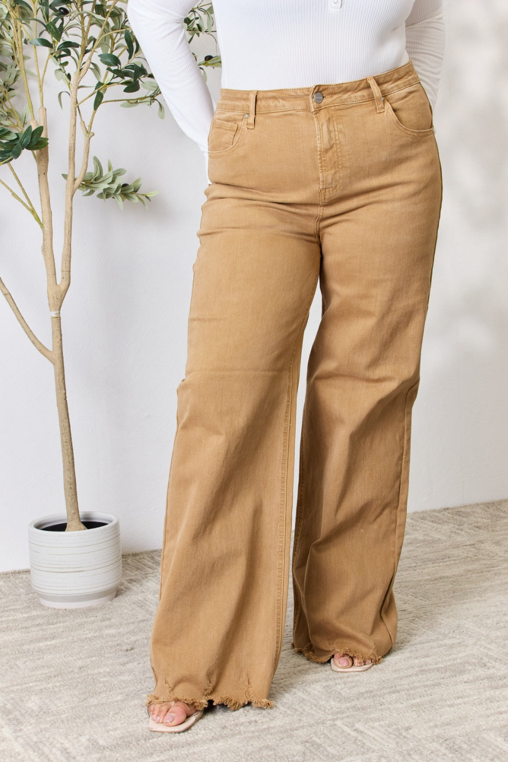 RISEN Full Size Mocha Fringe Hem Wide Leg Jeans