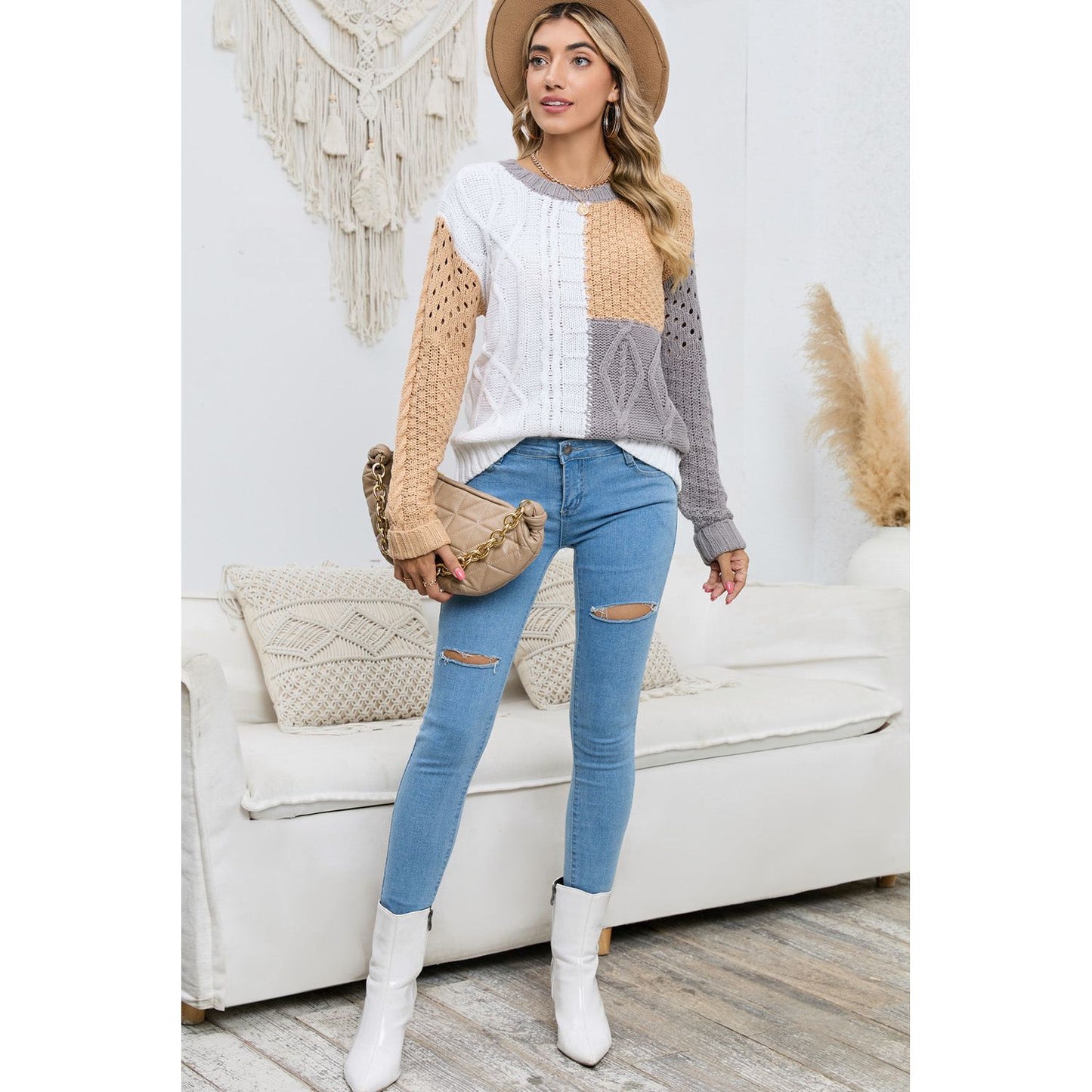 Cable-Knit Openwork Round Neck Color Block Sweater