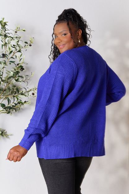 ZENANA Full Size Bright Blue Waffle-Knit Open Front Cardigan