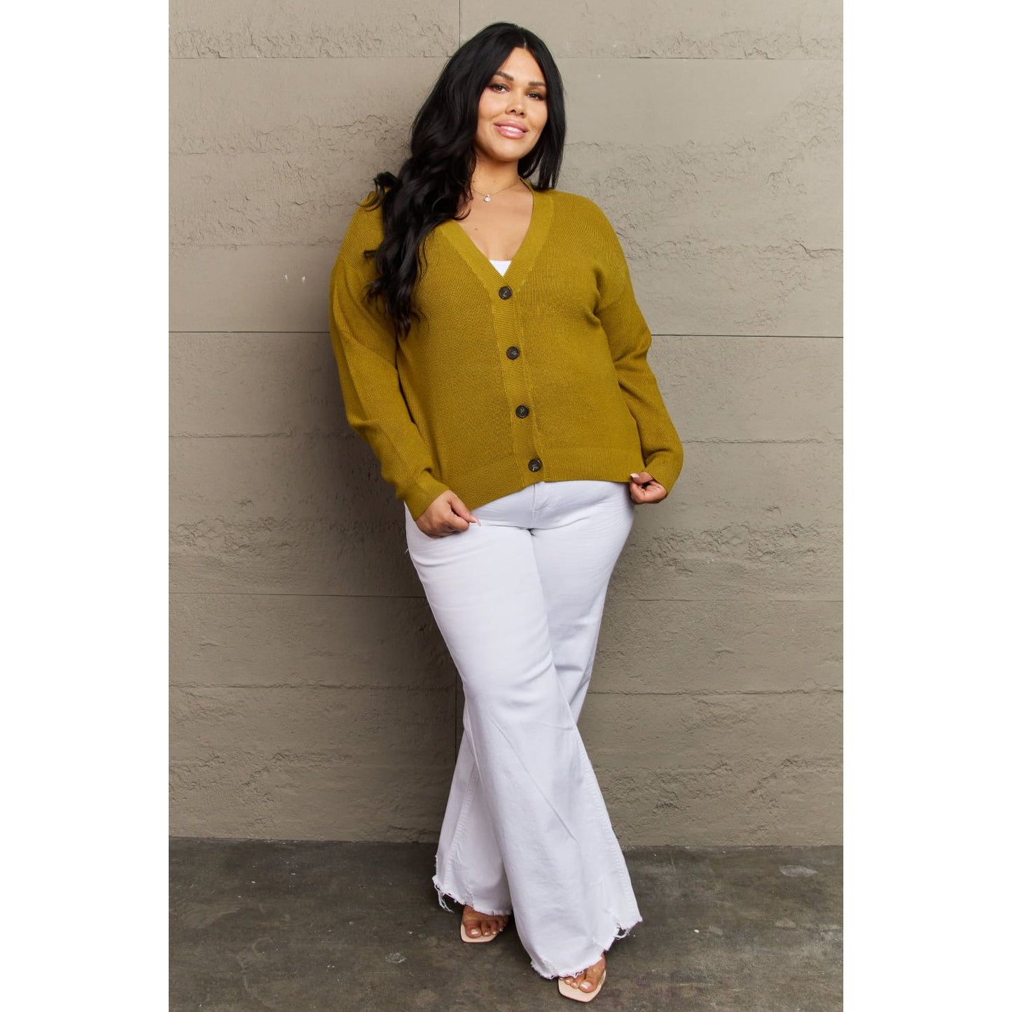 ZENANA Kiss Me Tonight Full Size Button Down Cardigan in Chartreuse