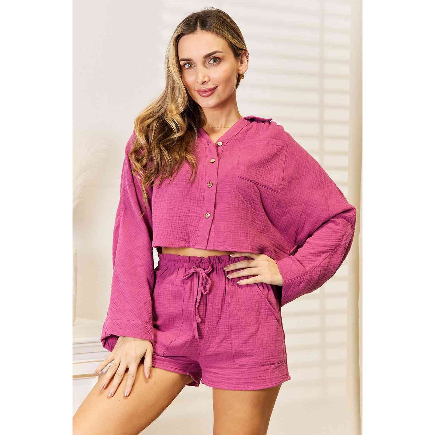 BASIC BAE Buttoned Long Sleeve Top and Shorts Set