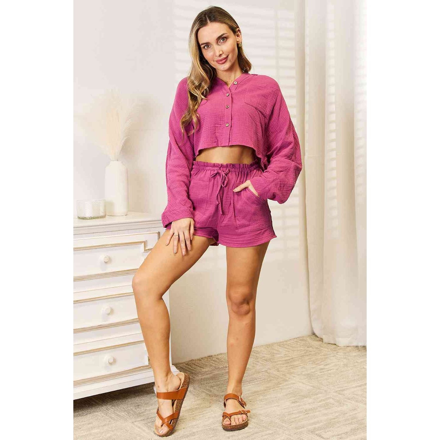 BASIC BAE Buttoned Long Sleeve Top and Shorts Set