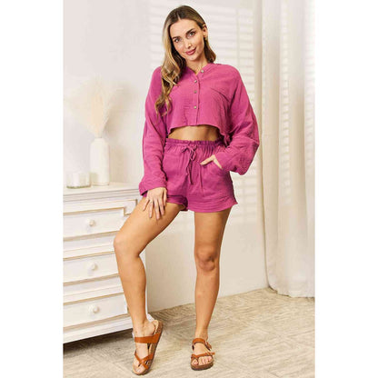 BASIC BAE Buttoned Long Sleeve Top and Shorts Set