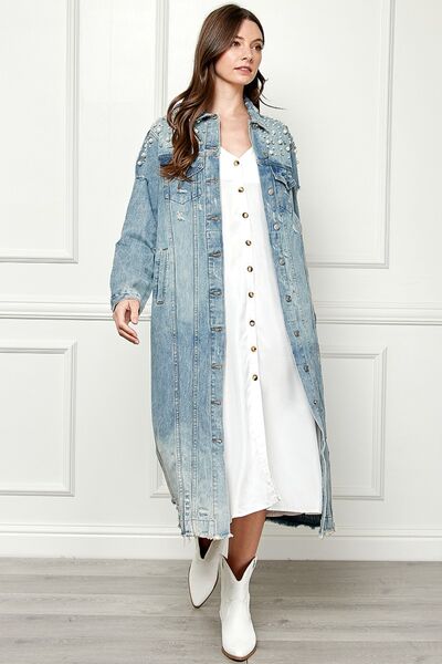 VEVERET Full Size Distressed Raw Hem Pearl Detail Button Up Jacket