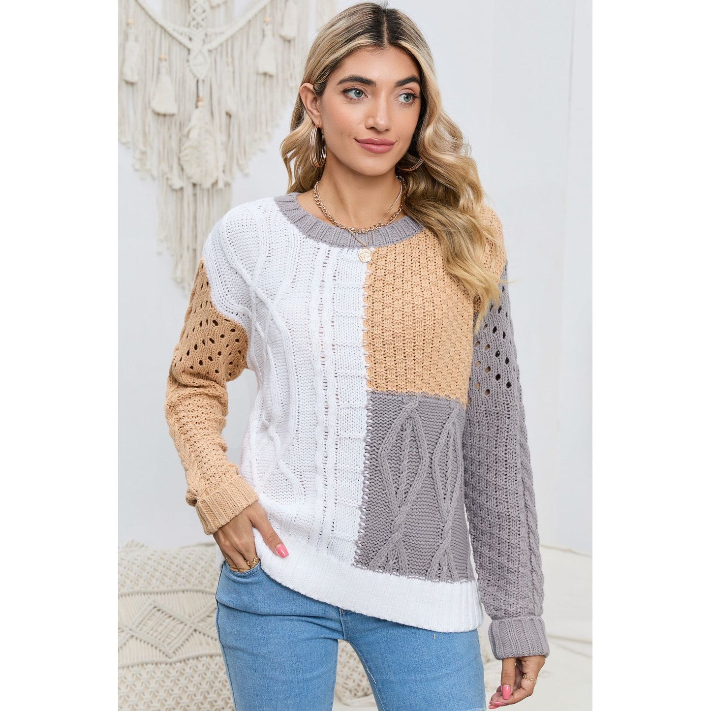 Cable-Knit Openwork Round Neck Color Block Sweater