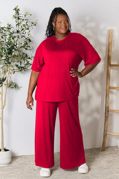 DOUBLE TAKE Full Size Round Neck Slit Top and Wide-leg Pants Lounge Set