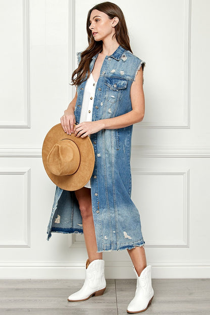 VEVERET Full Size Distressed Sleeveless Longline Denim Jacket