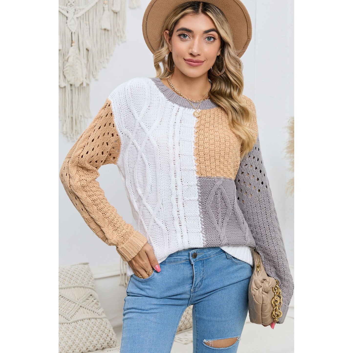 Cable-Knit Openwork Round Neck Color Block Sweater