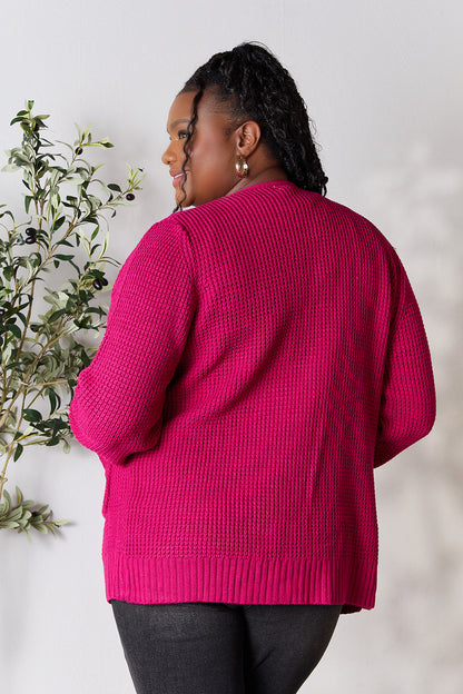 ZENANA Full Size Magenta Waffle-Knit Open Front Cardigan