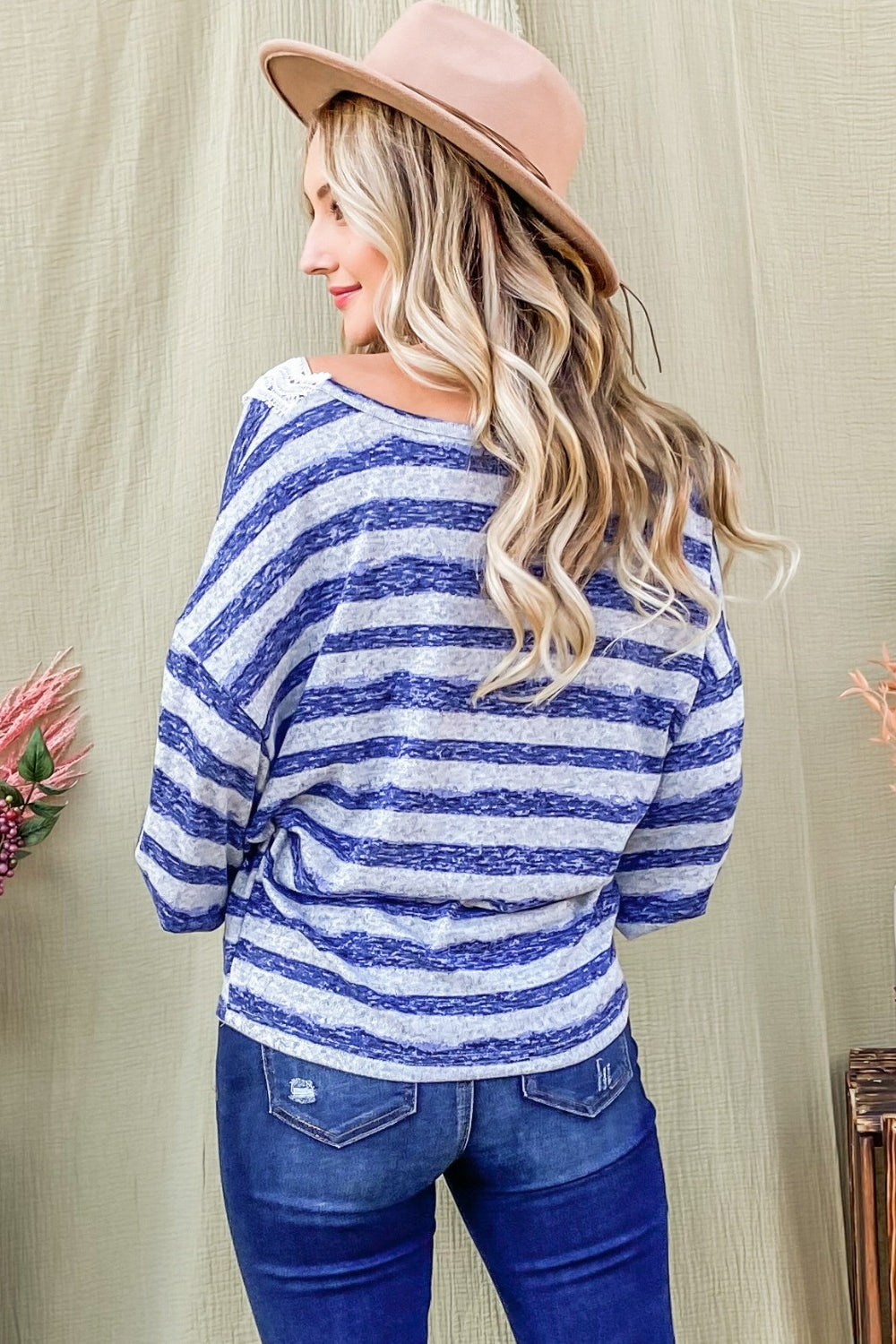 AND THE WHY Striped Lace Detail V Neck Top