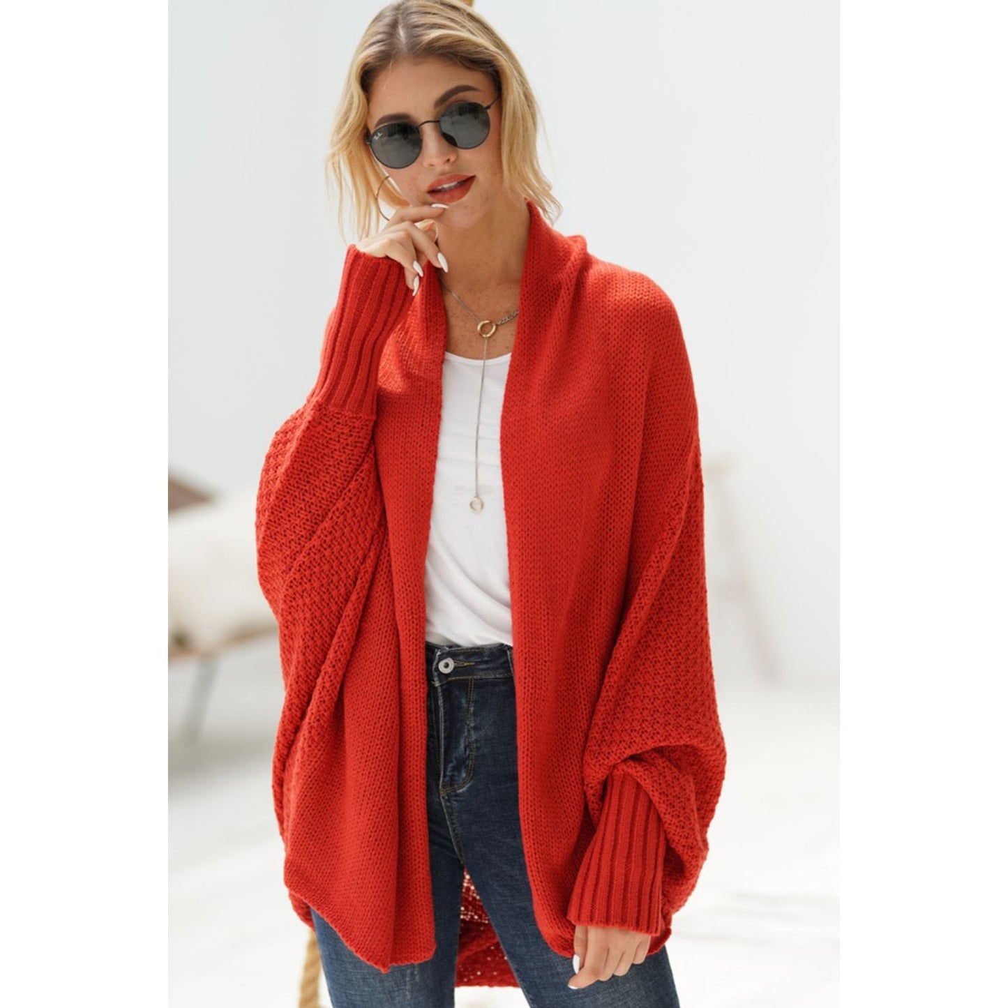 DOUBLE TAKE  Dolman Sleeve Open Front Ribbed Trim Longline Cardigan