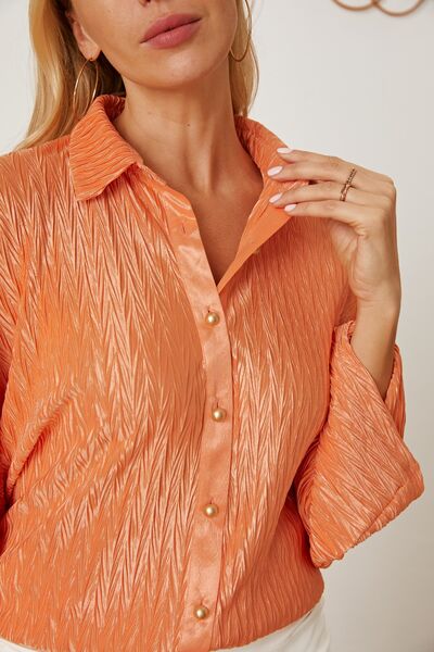 Textured Sherbet Button Up Long Sleeve Blouse