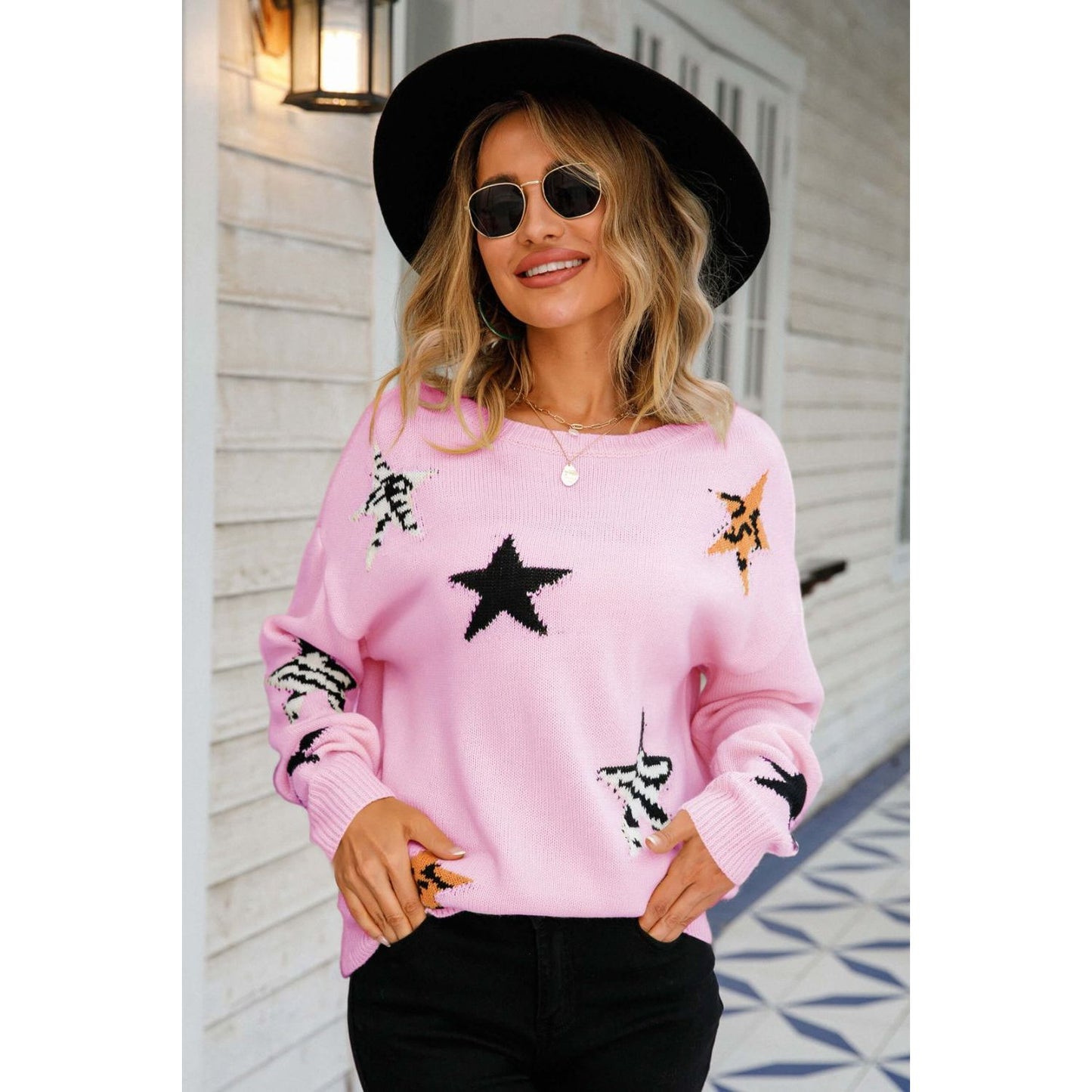 Star Pattern Round Neck Dropped Shoulder Sweater