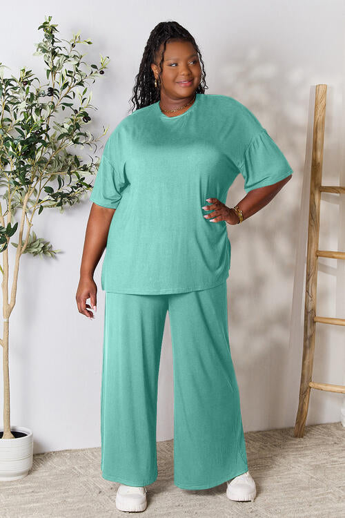 DOUBLE TAKE Full Size Round Neck Slit Top and Wide-leg Pants Lounge Set