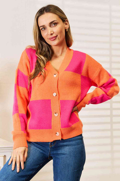 WOVEN RIGHT  Checkered V-Neck Dropped Shoulder Cardigan