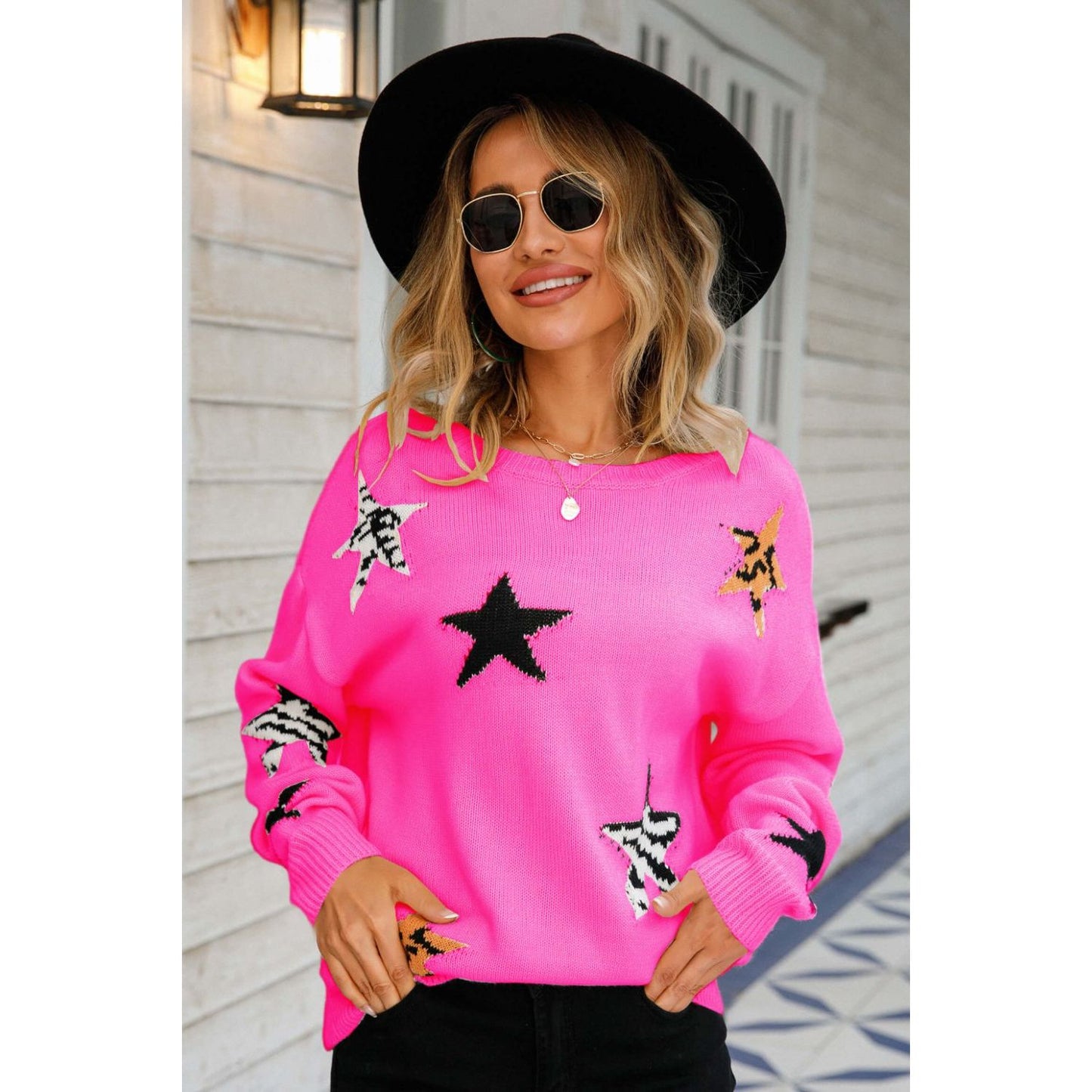 Star Pattern Round Neck Dropped Shoulder Sweater