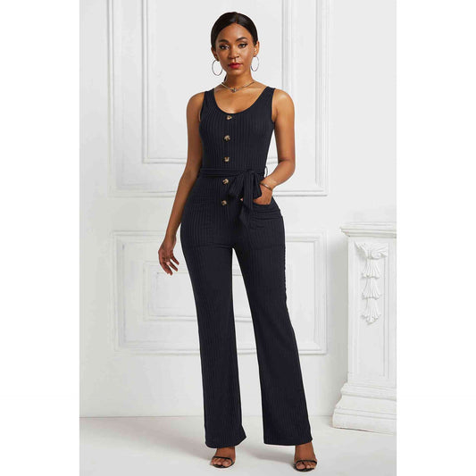 Button Detail Tie Waist Jumpsuit with Pockets