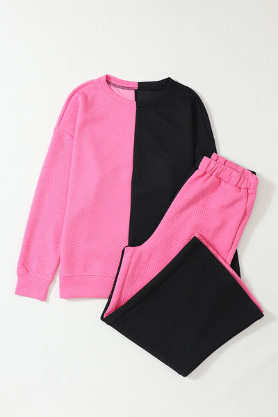 Pink/Black Color Block Round Neck Sweatshirt and Pants Set