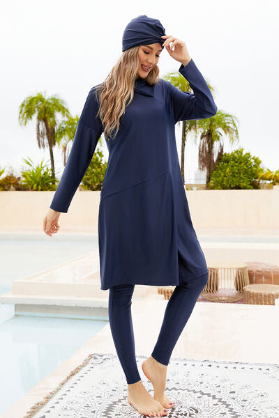 Dark Navy Cap, Long Sleeve Hooded Top and Pants Modest Swim Set