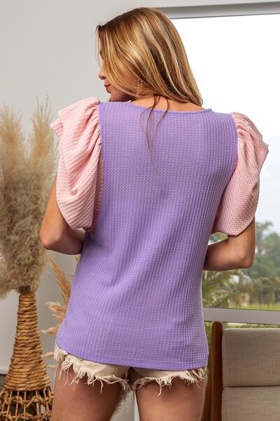 BiBi Lilac Pink Contrast Waffle-Knit Ruffled Cap Sleeve Blouse