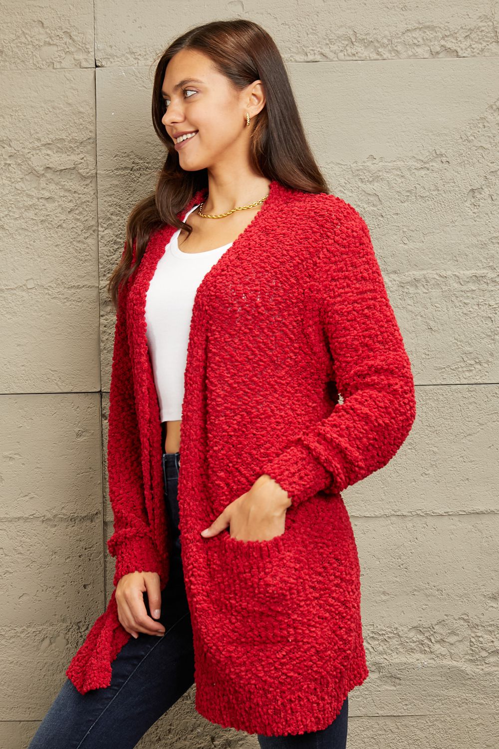 ZENANA Falling For You Full Size Open Front Popcorn Cardigan