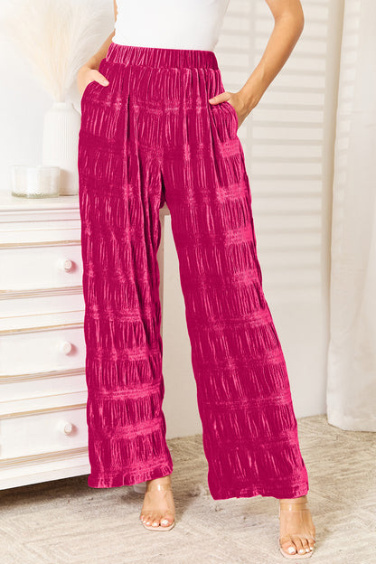 DOUBLE TAKE Full Size Deep Rose High Waist Tiered Shirring Velvet Wide Leg Pants