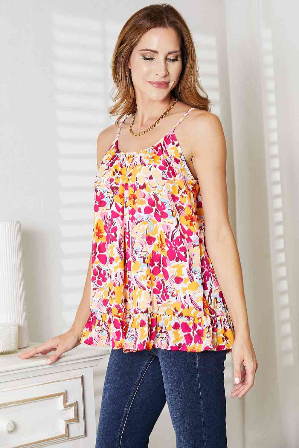 DOUBLE TAKE Floral Scoop Neck Ruffle Hem Cami