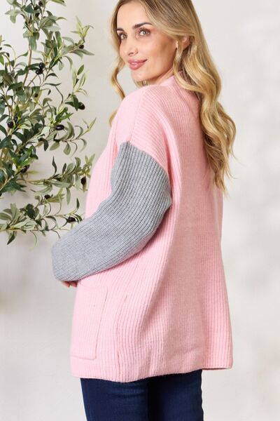 BiBi Pink/Grey Contrast Open Front Cardigan with Pockets