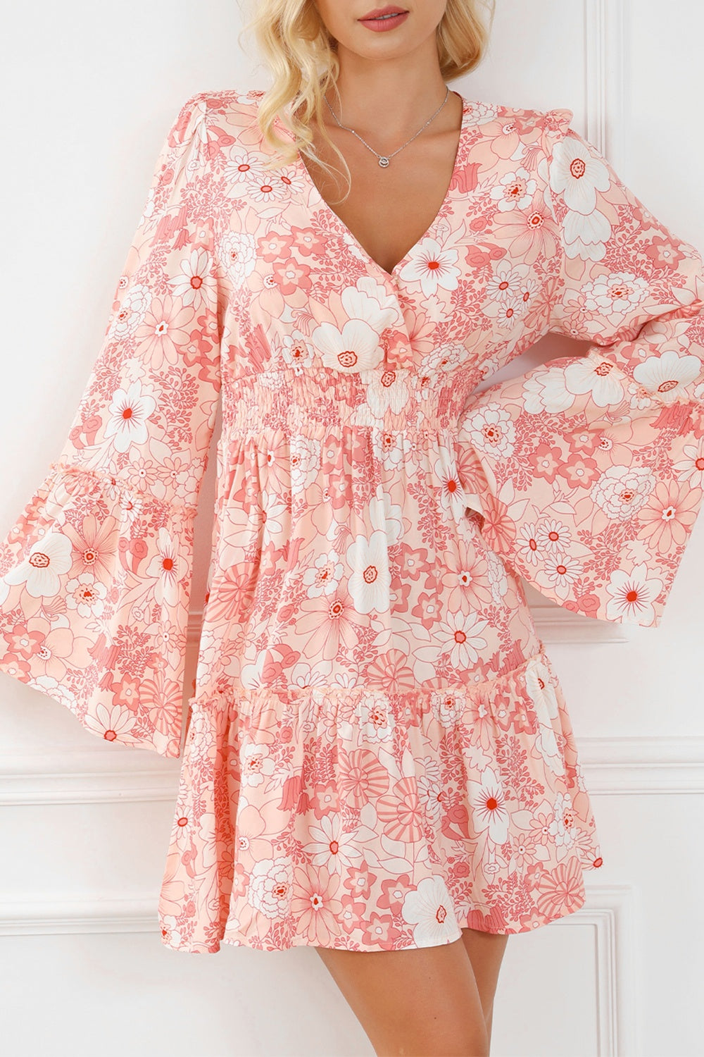 Smocked Floral Mini Dress with Flare Sleeves