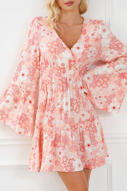 Smocked Floral Mini Dress with Flare Sleeves