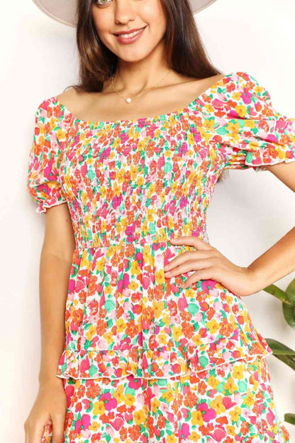 DOUBLE TAKE Smocked Sweetheart Neck Flounce Sleeve Mini Dress