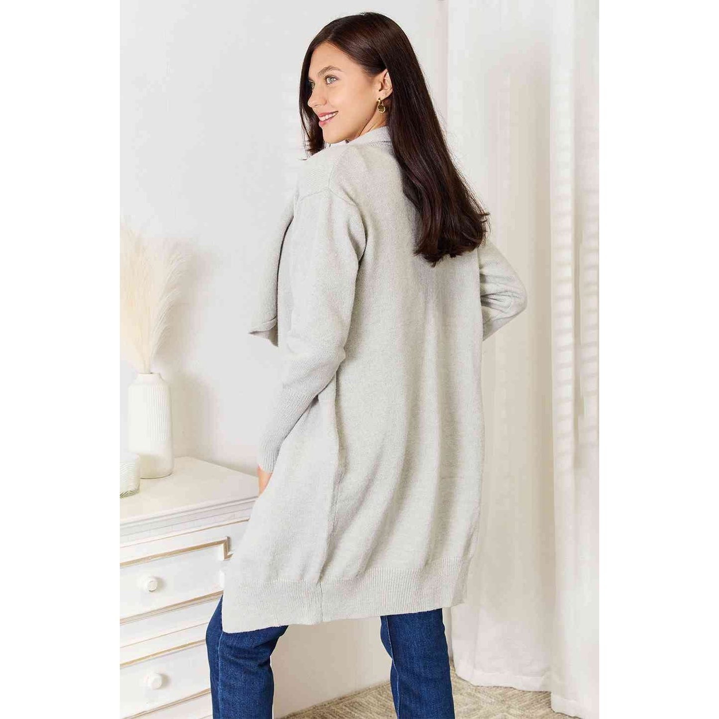 DOUBLE TAKE Light Grey Open Front Duster Cardigan with Pockets